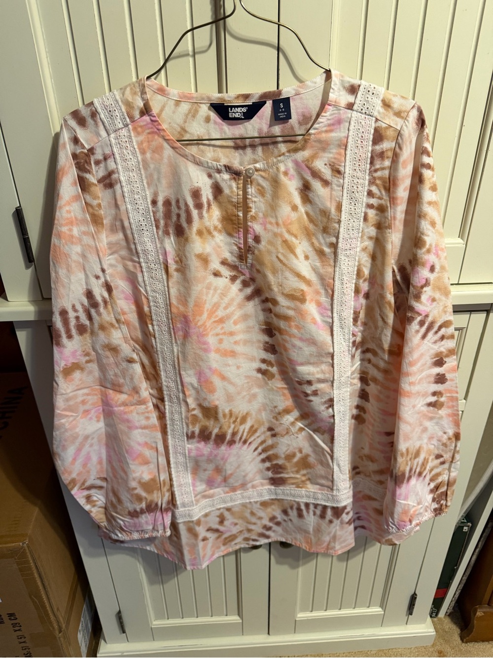 Lands' End Tie-Dye Peasant Tunic in Pink, Brown & Cream